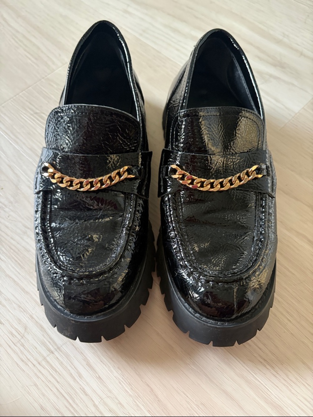 Princess Polly Black Patent Chunky Loafers with Gold Chain